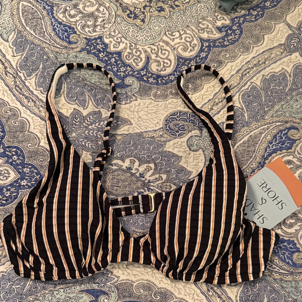 Shade & Shore Black and Tan Striped Bikini Top